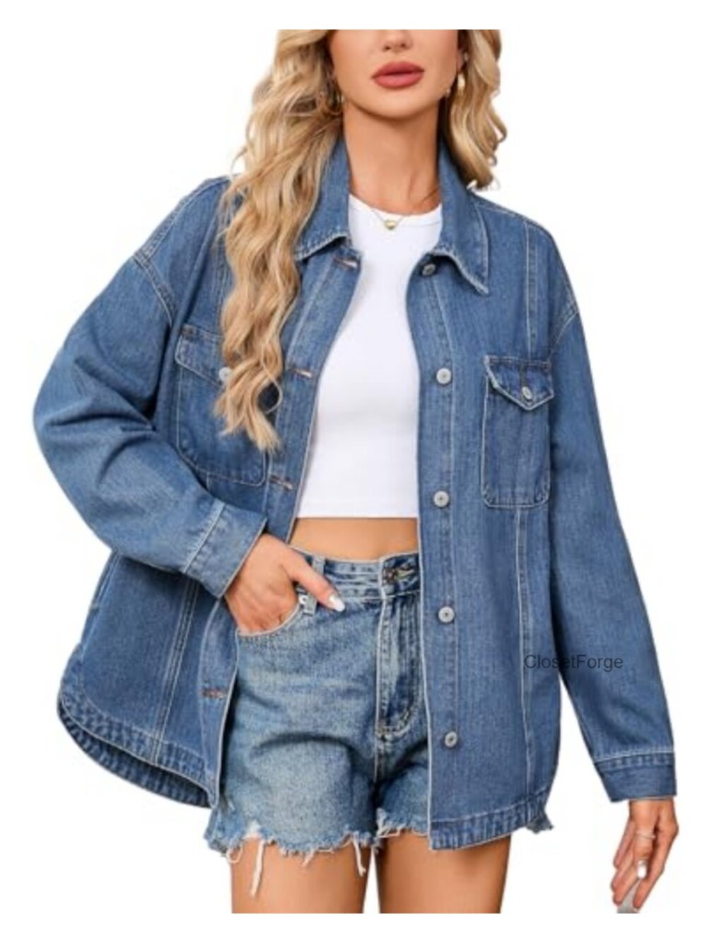 Oversized Long Sleeve Button Front Denim Jacket